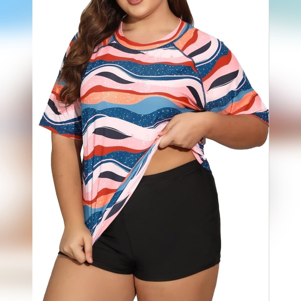 Two Piece PLUS SIZE Short Sleeve Rash Guard Colorful Wave Pattern Swim Set